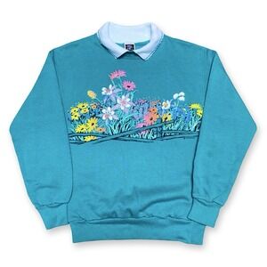 Vintage 90s Lifestyles Flower Print Sweater Womens Size Medium Green Made in USA